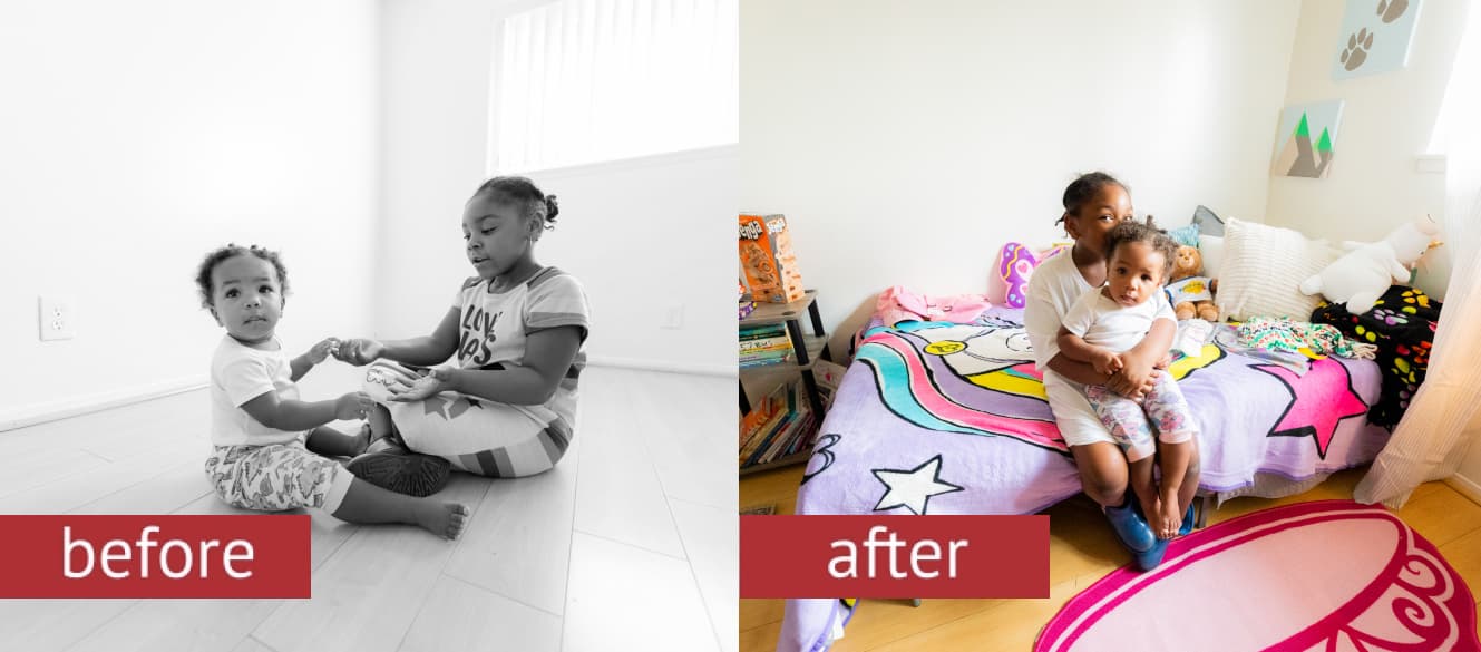 Before and After photo of children in their furnished bedroom