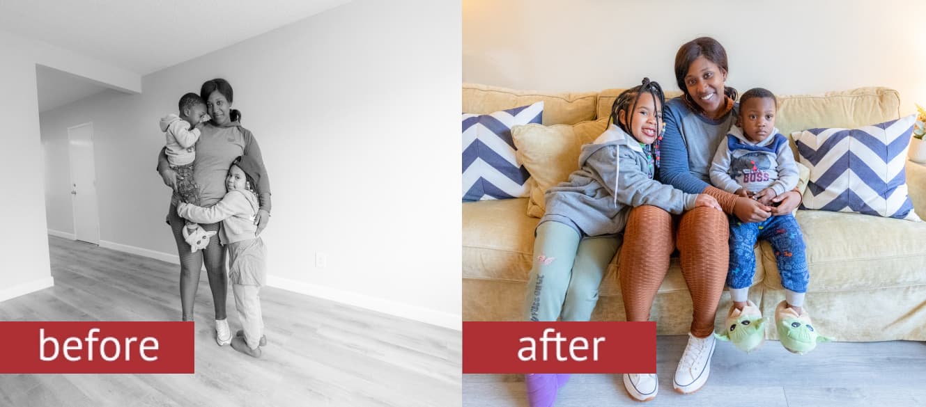 Before and After photo of a family in their furnished home