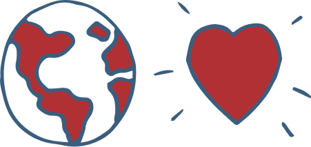 Two red illustrations of the earth and a heart