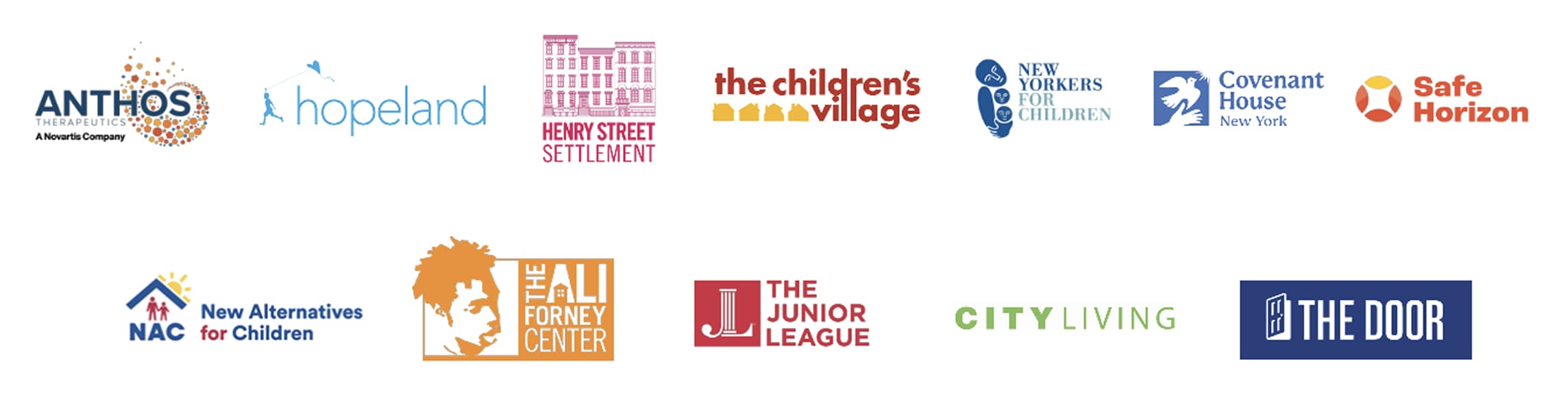 Logos for Anthos Therapeutics, Hopeland, Henry Street Settlement, The Children's Village, New Yorkers for Children, Covenant House New York, Safe Horizon, NAC, Ali Forney Center, The Junior League, City Living, and The Door