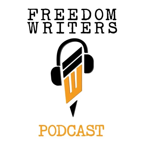 Freedom Writers Podcast logo depicting a pen and headphones icon, perfect for educational and storytelling content