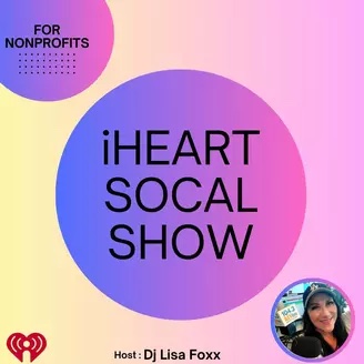 iHeart SoCal Show for Nonprofits podcast cover featuring host DJ Lisa Foxx on a pastel pink and yellow background