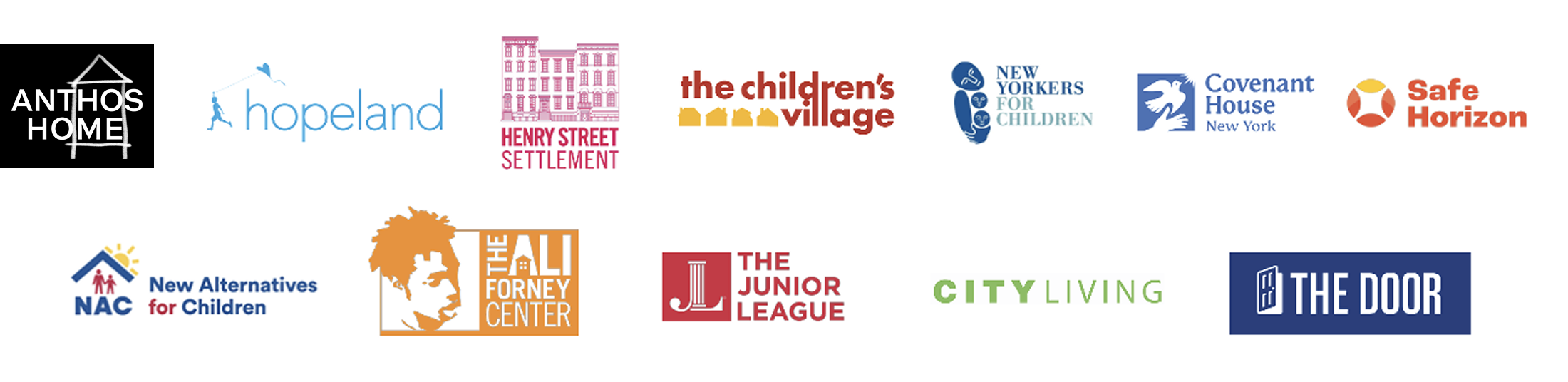 Logos for Anthos, Hopeland, Henry Street Settlement, The Children's Village, New Yorkers for Children, Covenant House New York, Safe Horizon, NAC, Ali Forney Center, The Junior League, City Living, and The Door