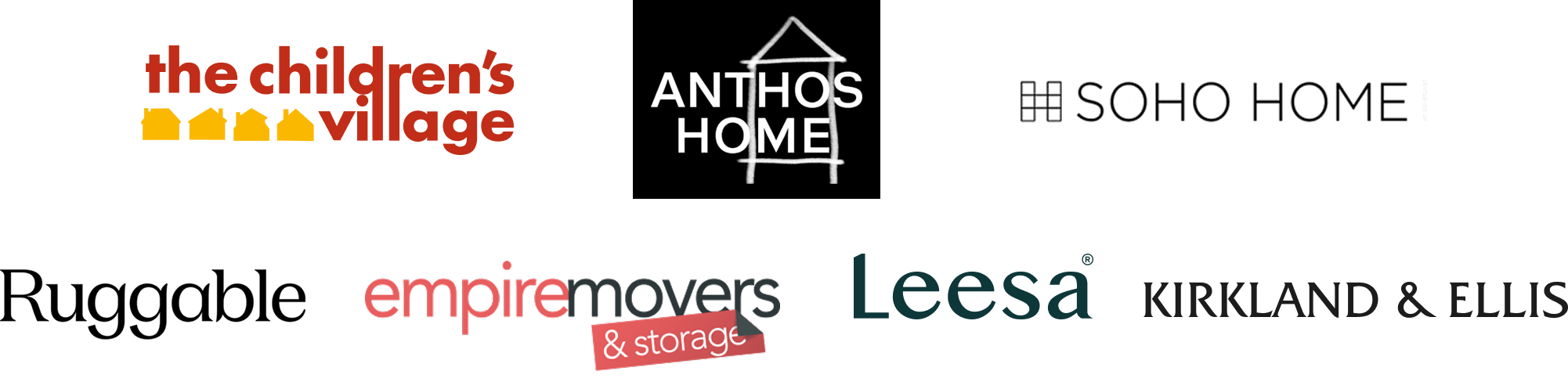 Logos for The Children's Village, Anthos Home, Soho Home, Ruggable, Empire Movers & Storage, Leesa, and Kirkland & Ellis arranged horizontally